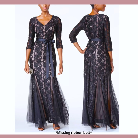 NEW $199 ALEX‎ EVENINGS [ 18 R ] Sequined Lace Mermaid Gown in Navy Tan - Picture 1 of 12